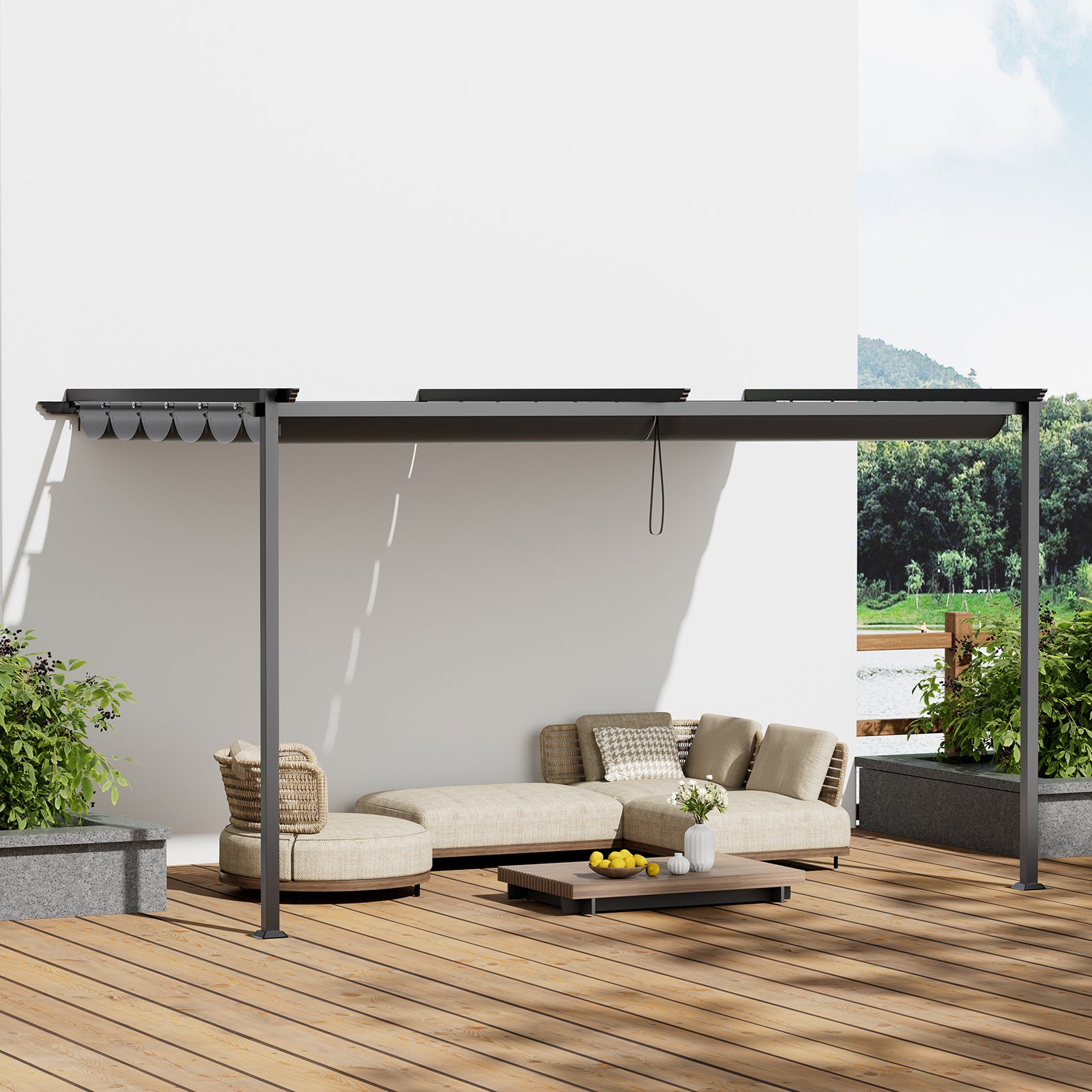 10x10ft Lean to Garden Pergola Retractable Canopy Wall Mounted Patio Shade